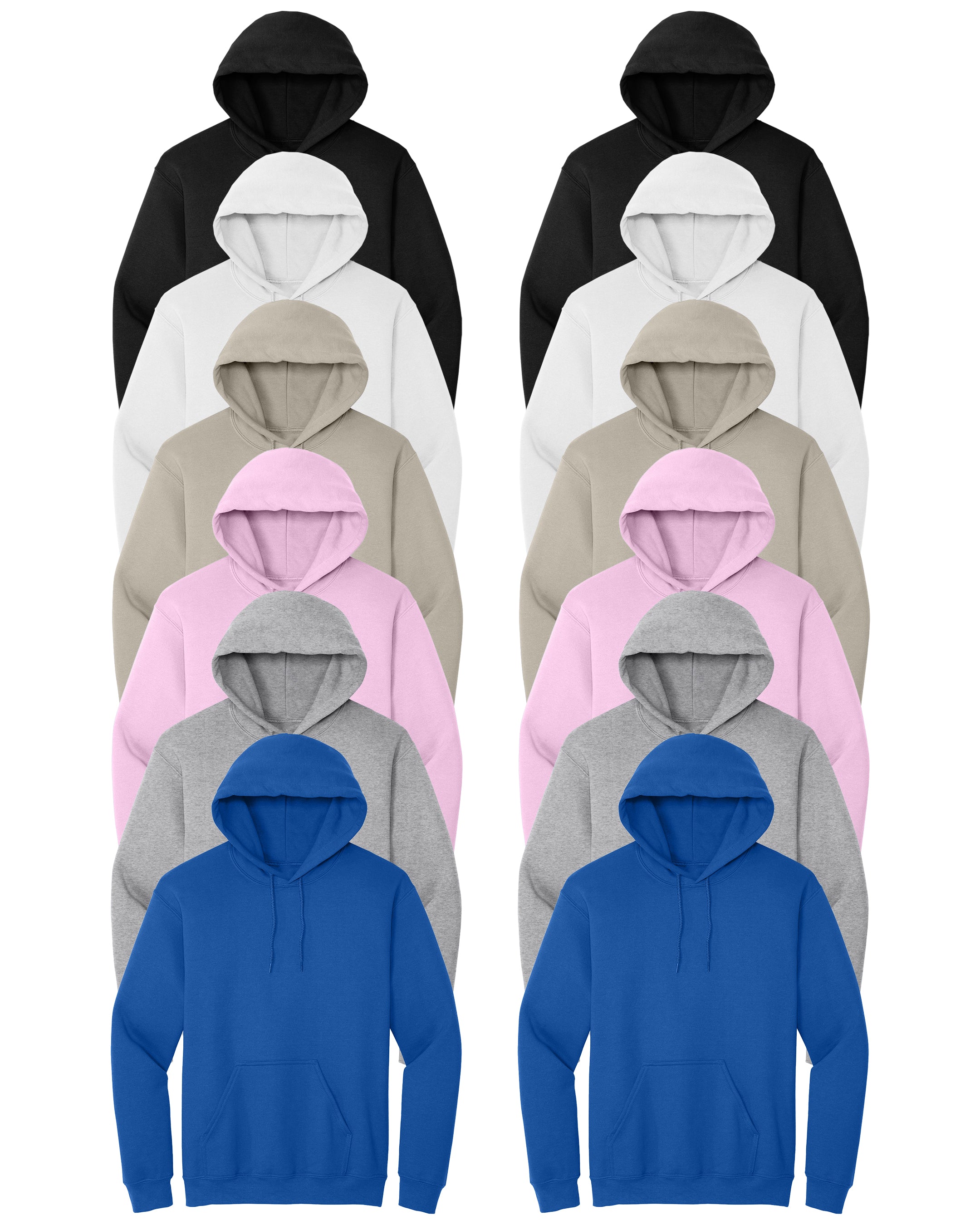 Black, White, Light Pink, Sand, Royal, Sport gray multicolor pack of 12 hoodies