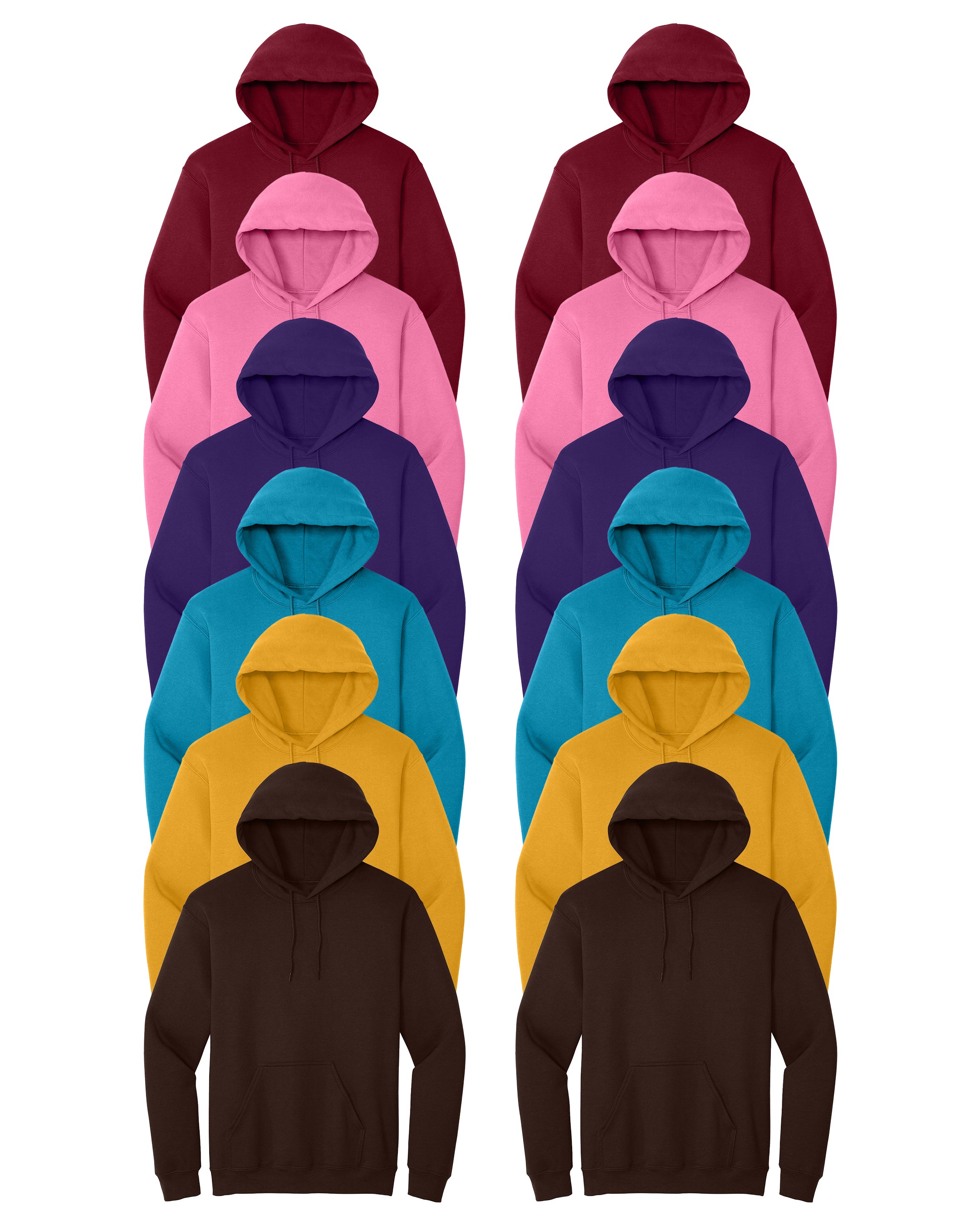 Azalea, Cardinal Red, Dark Chocolate, Gold, Sapphire, Purple, Multicolor hoodies pack of 12