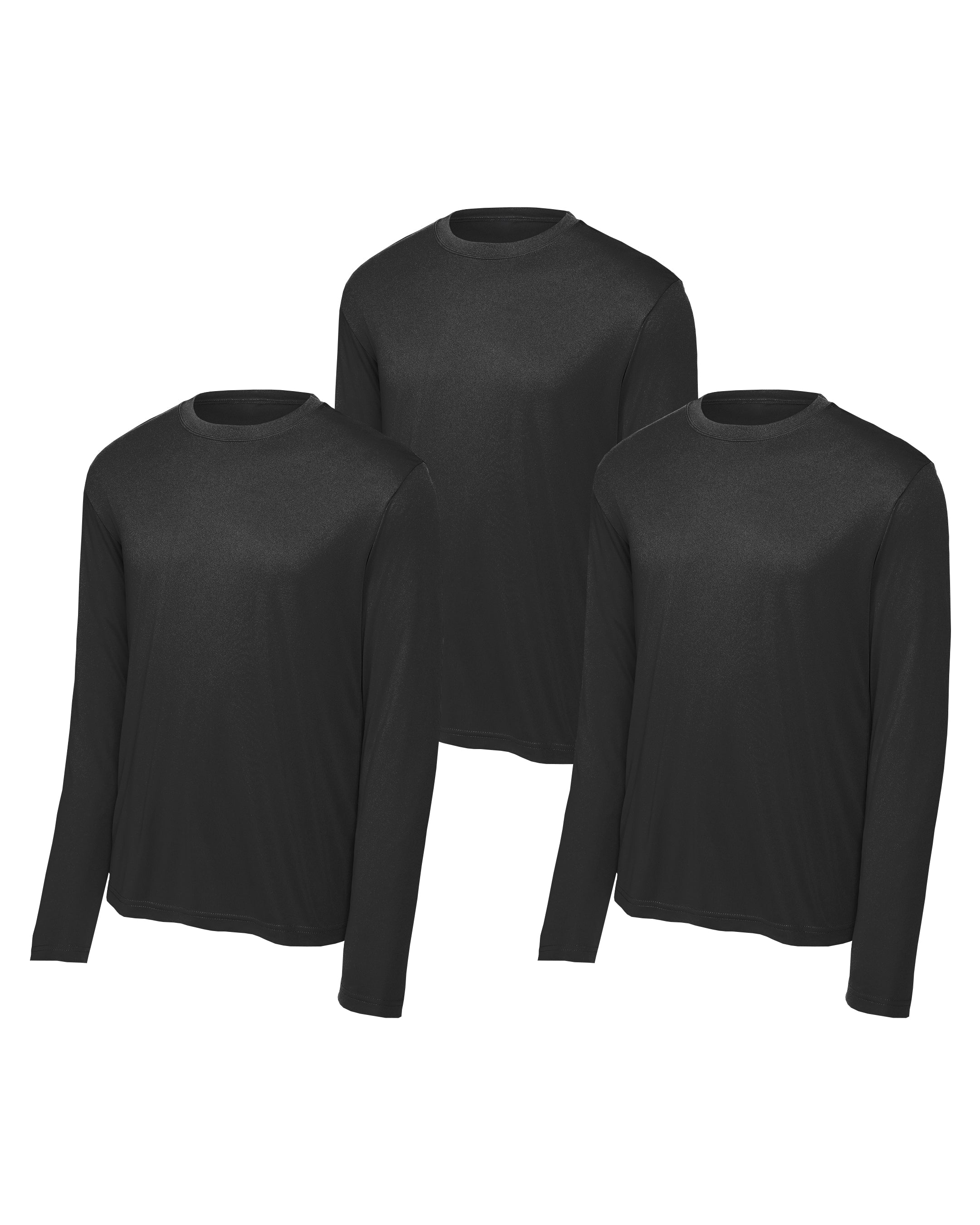 Three mens black long-sleeve shirts on a white background