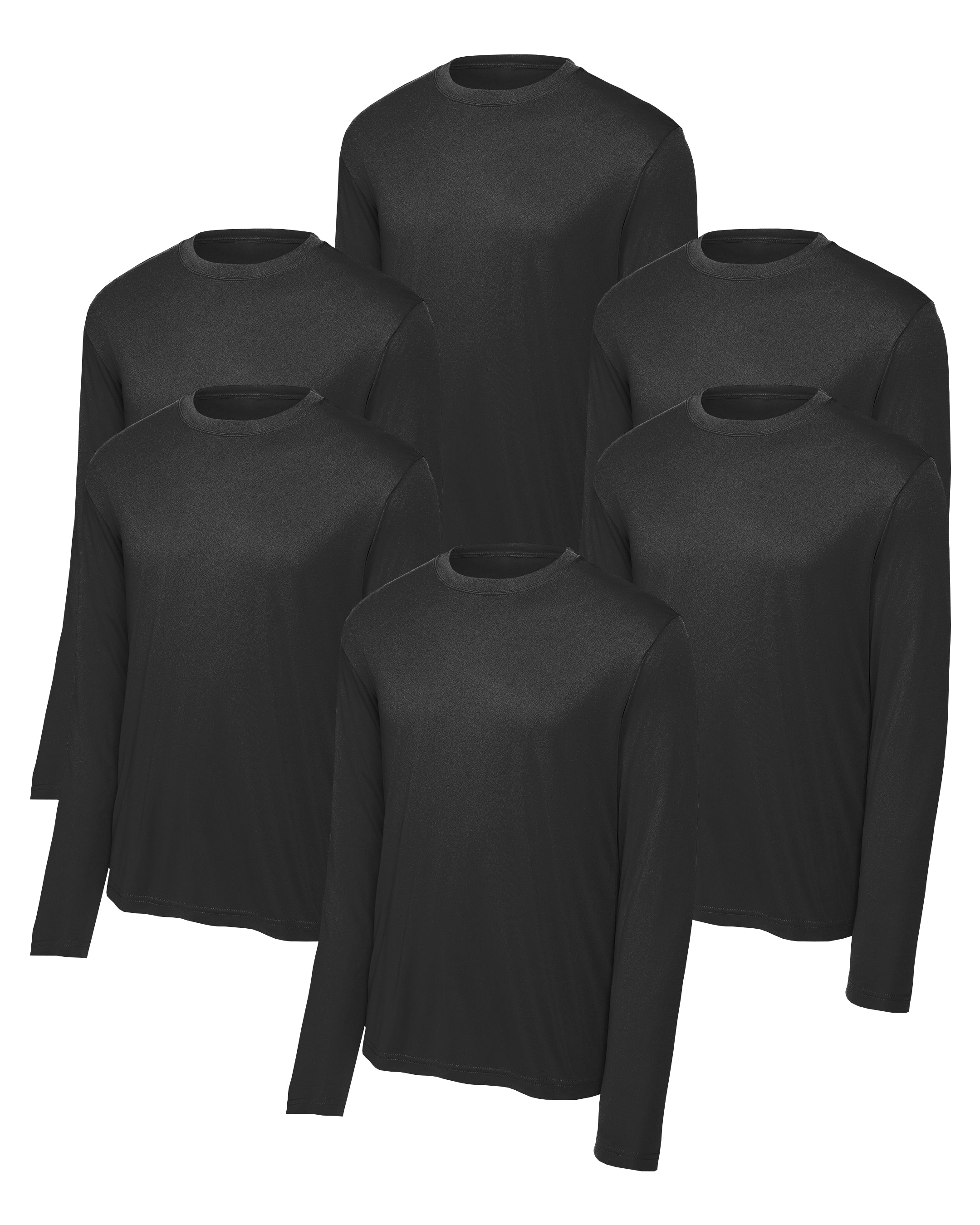 six mens black long-sleeve shirts on a white background