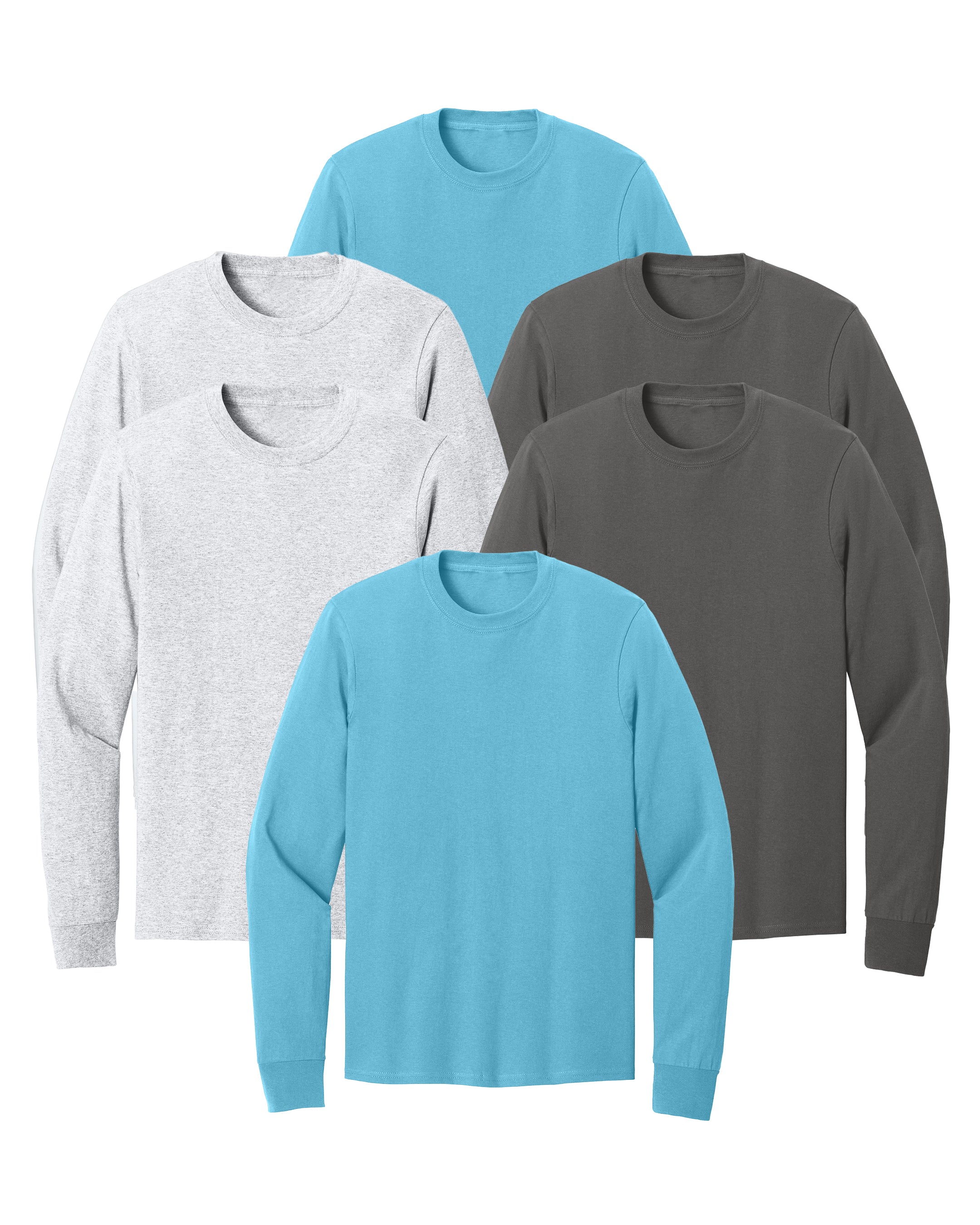 six long-sleeve shirts in blue, grey, and ash white on a white background