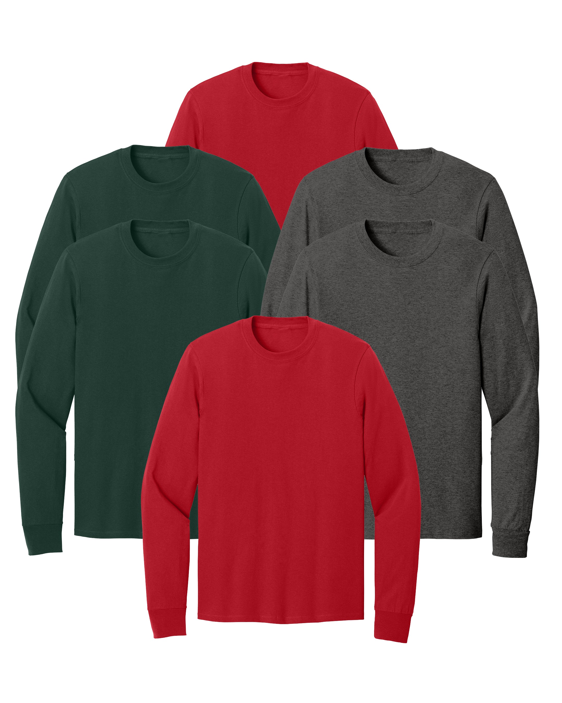 six long-sleeve shirts in red, dark green, and heather grey on a white background
