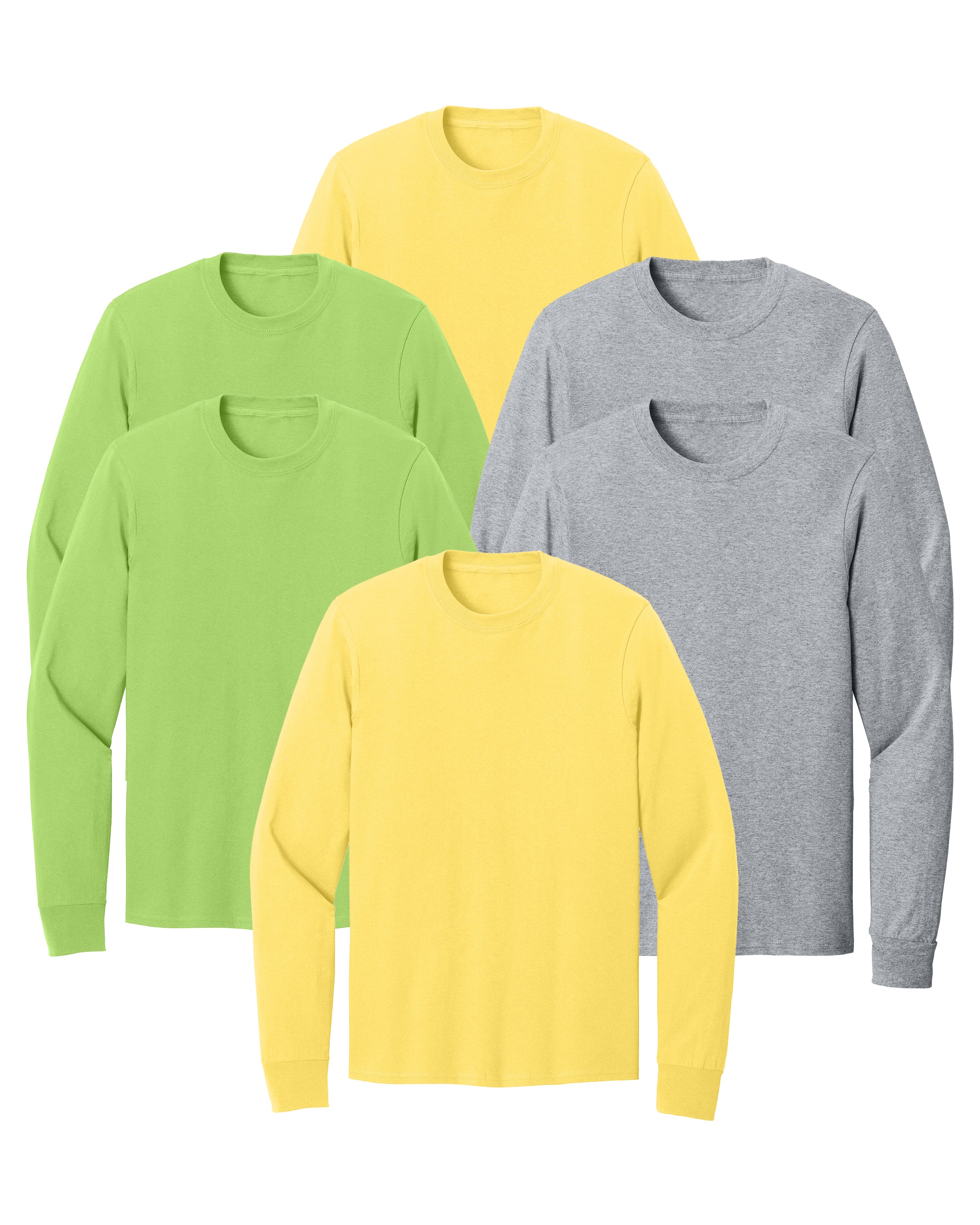 six long-sleeve shirts in green, yellow, and light grey on a white background