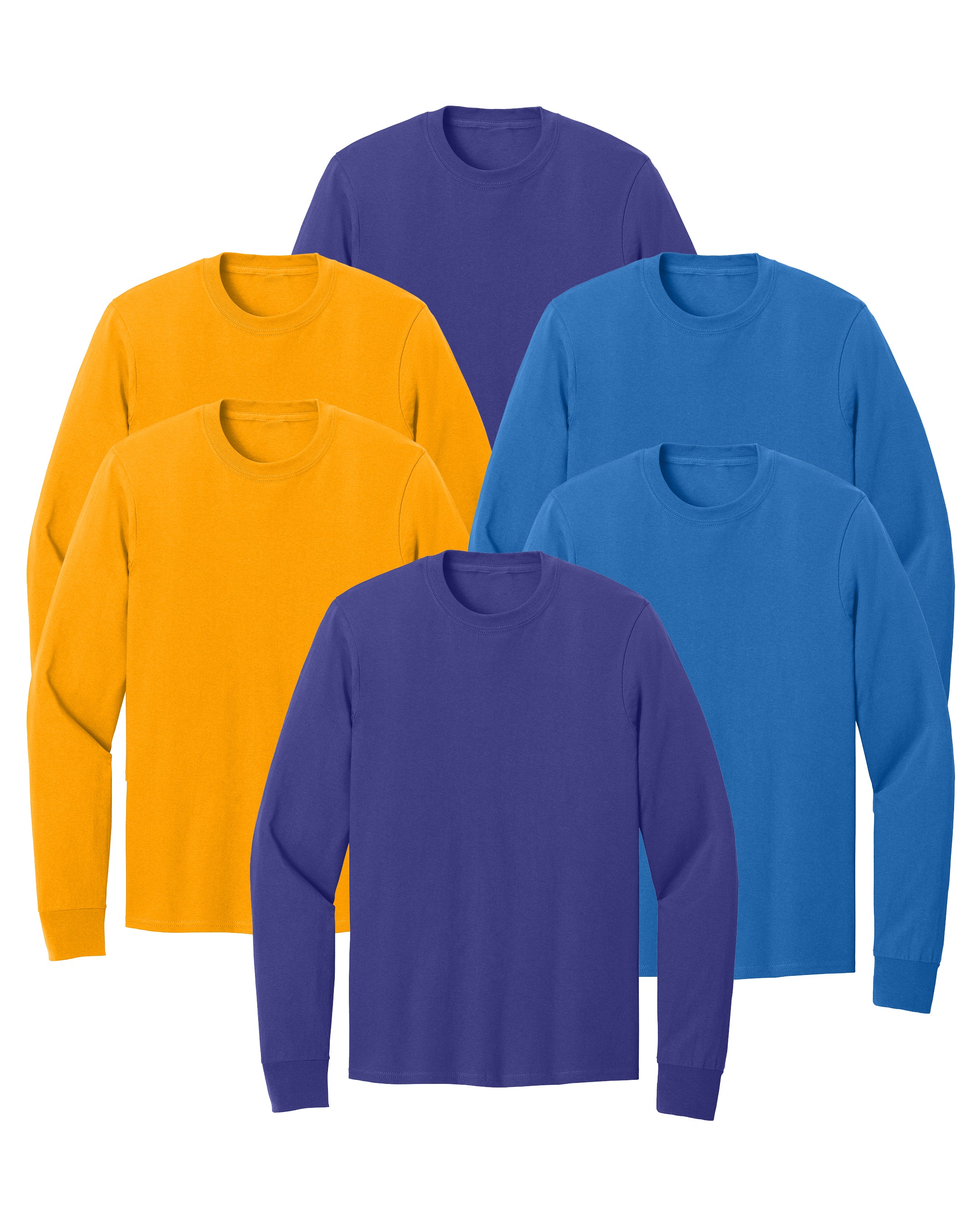six long-sleeve shirts in purple, Gold, Royal blue on a white background