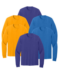six long-sleeve shirts in purple, Gold, Royal blue on a white background