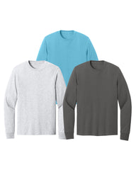 Three long-sleeve shirts in blue, grey, and ash white on a white background