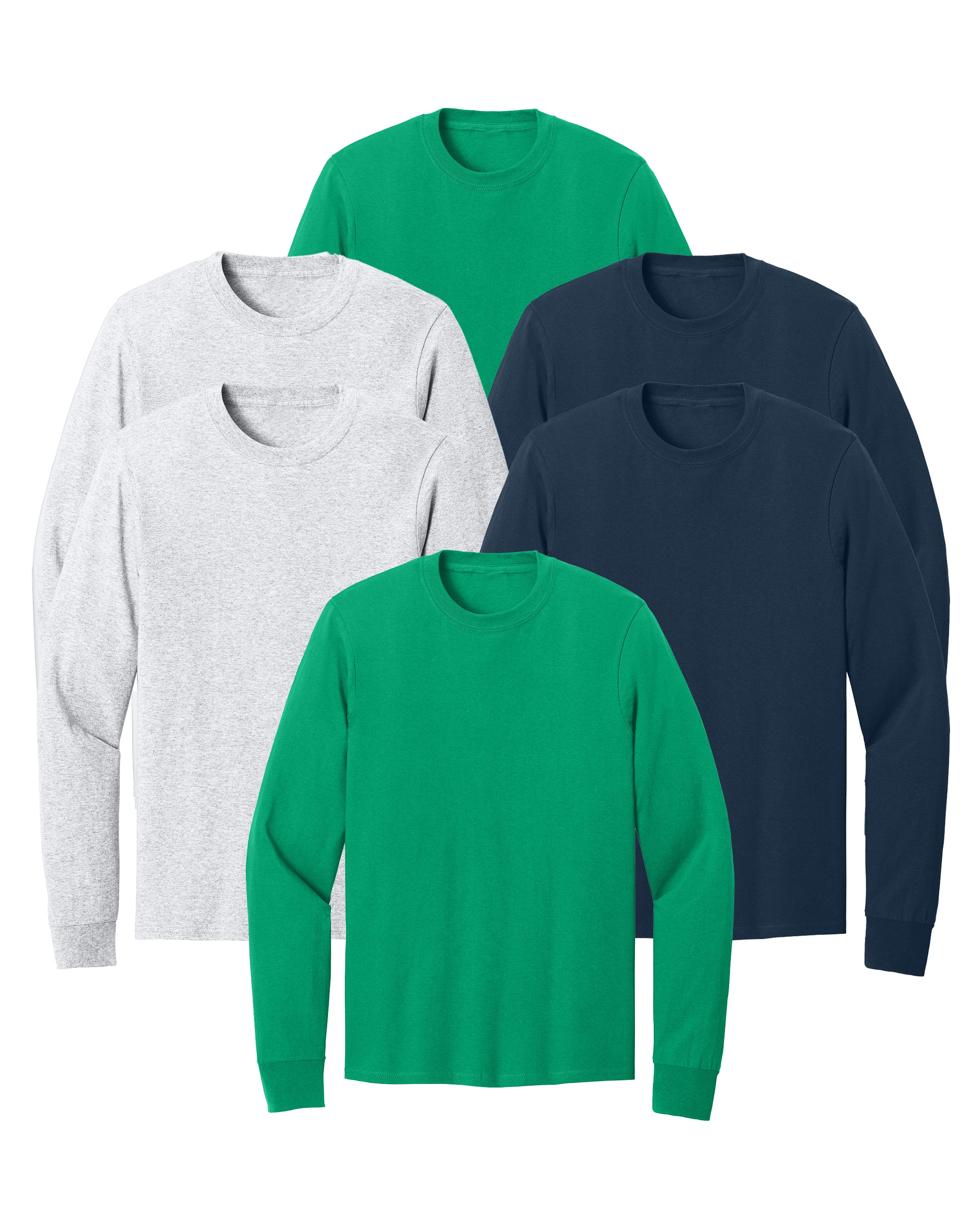 six long-sleeve shirts in green, navy blue, and green on a white background