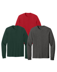 Three long-sleeve shirts in red, dark green, and heather grey on a white background