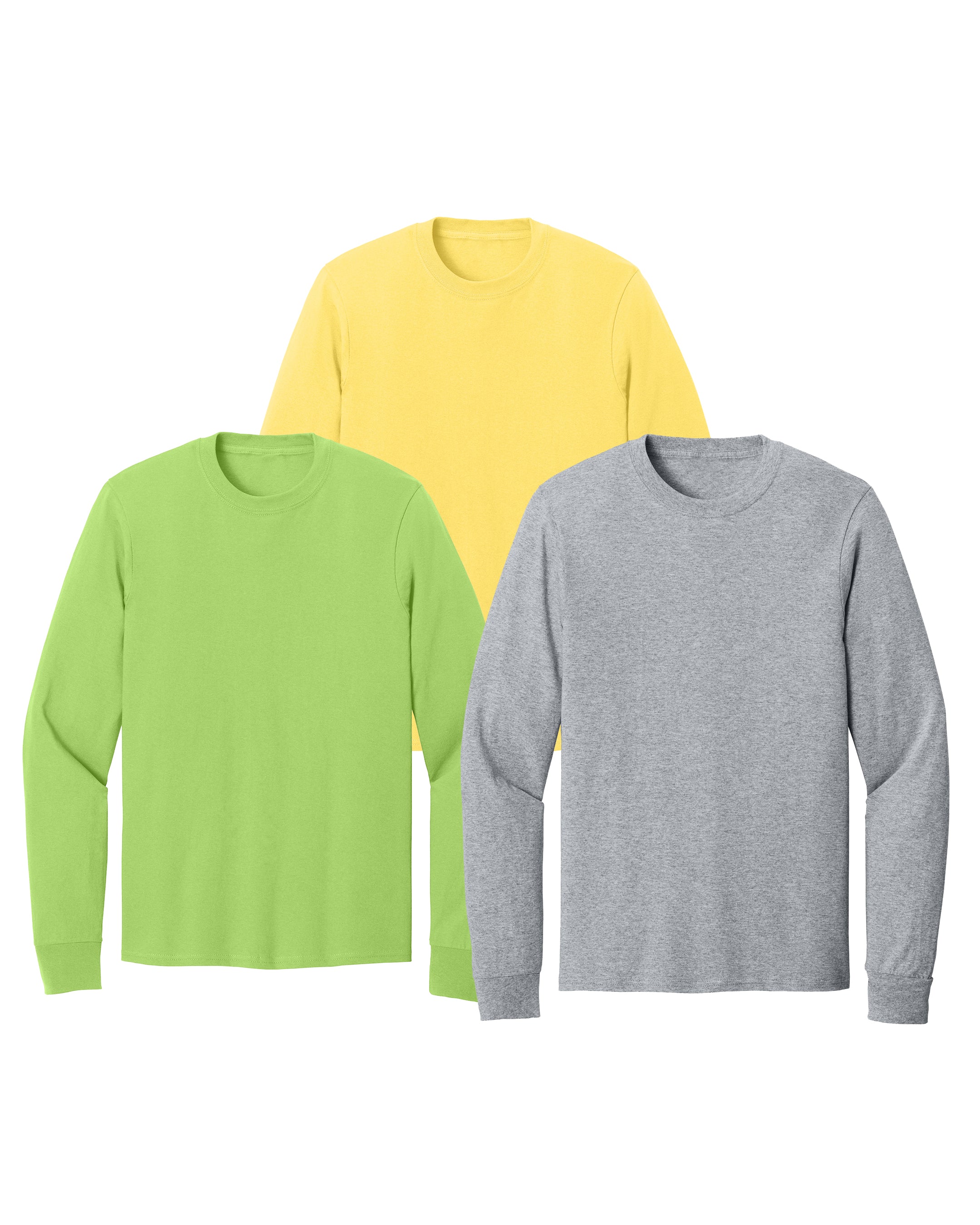 Three long-sleeve shirts in green, yellow, and light grey on a white background