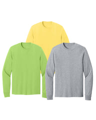 Three long-sleeve shirts in green, yellow, and light grey on a white background