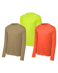Three long-sleeve shirts in brown,yellow,orange on a white background