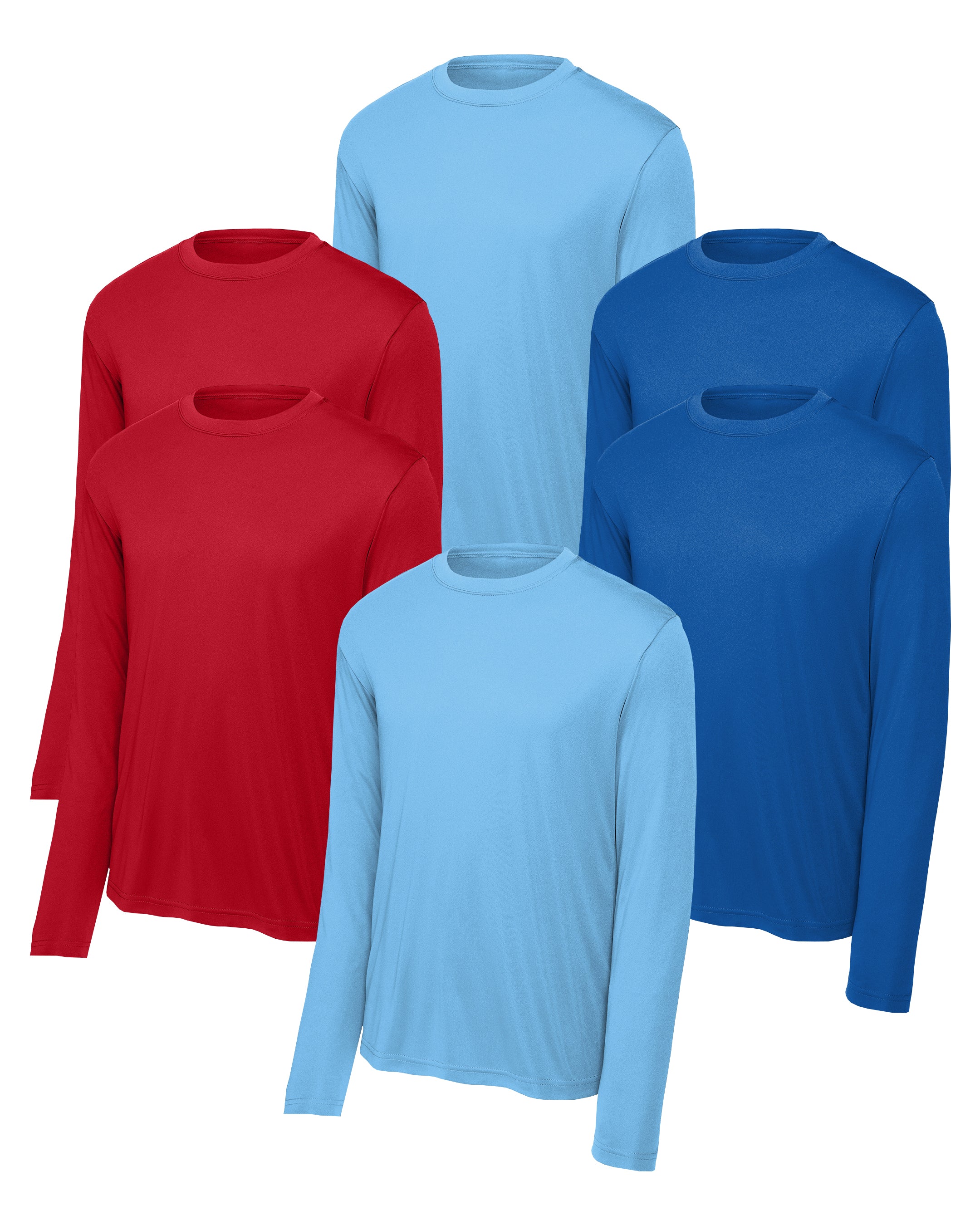 six long-sleeve shirts in red, blue, and light blue on a white background