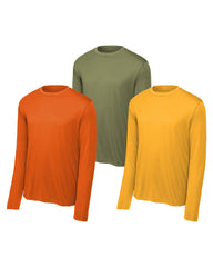 Three long-sleeve shirts in orange, olive green, and yellow on a white background