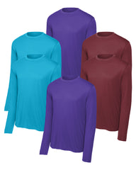 six long-sleeve shirts in blue, purple, and maroon on a white background