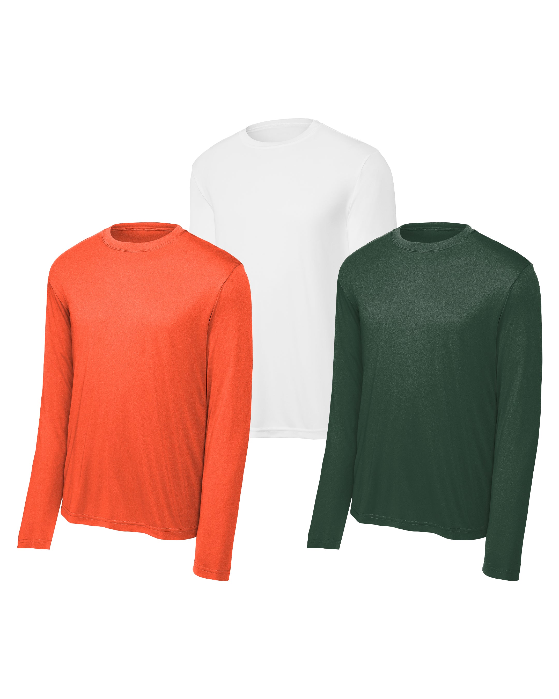 Three long-sleeve shirts in orange, white, and green on a white background
