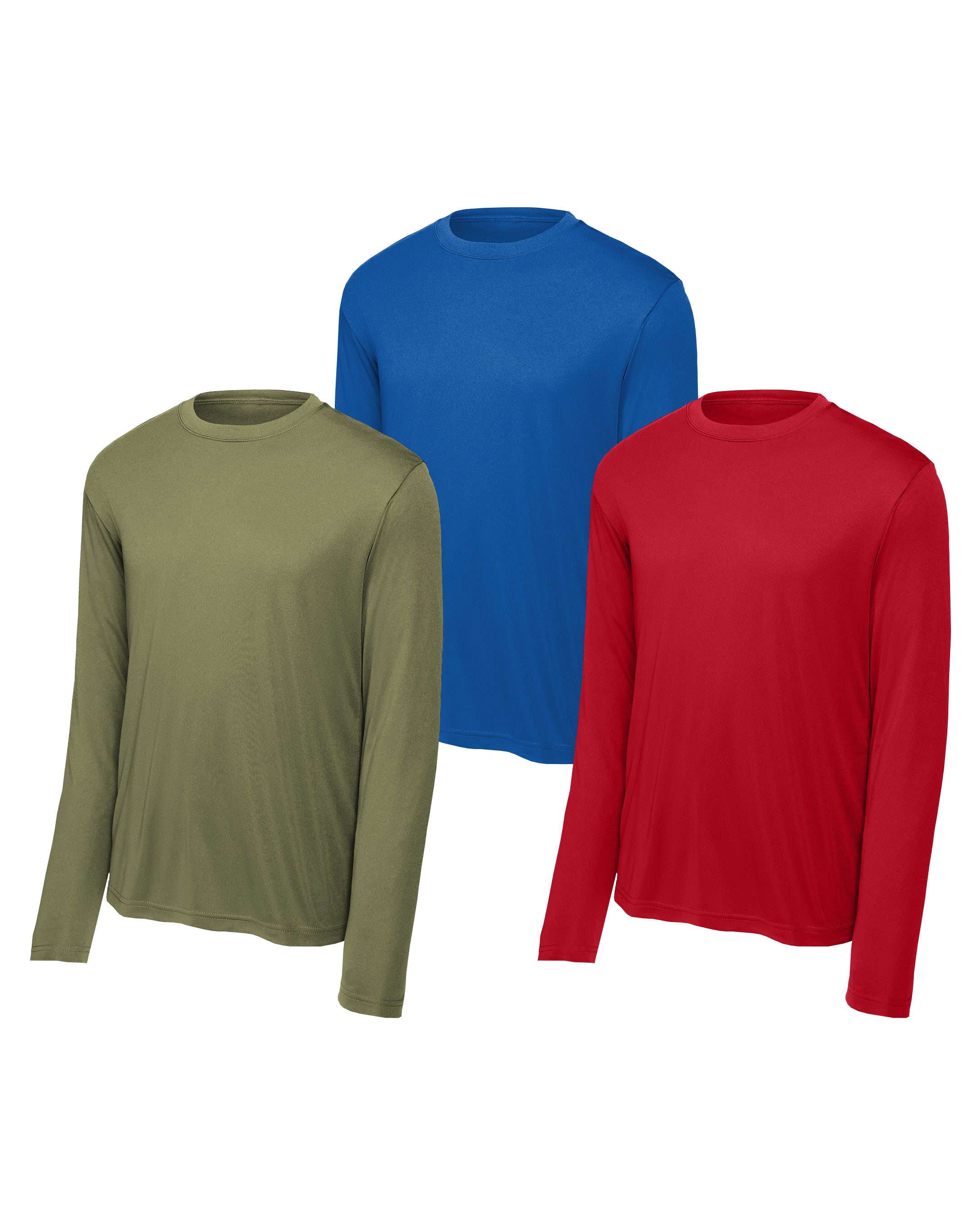 Three long-sleeve shirts in olive green, blue, and red on a white background