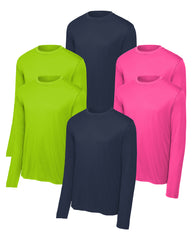 six long-sleeve shirts in green, navy blue , and pink on a white background