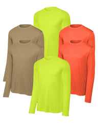 six long-sleeve shirts in brown,yellow,orange on a white background
