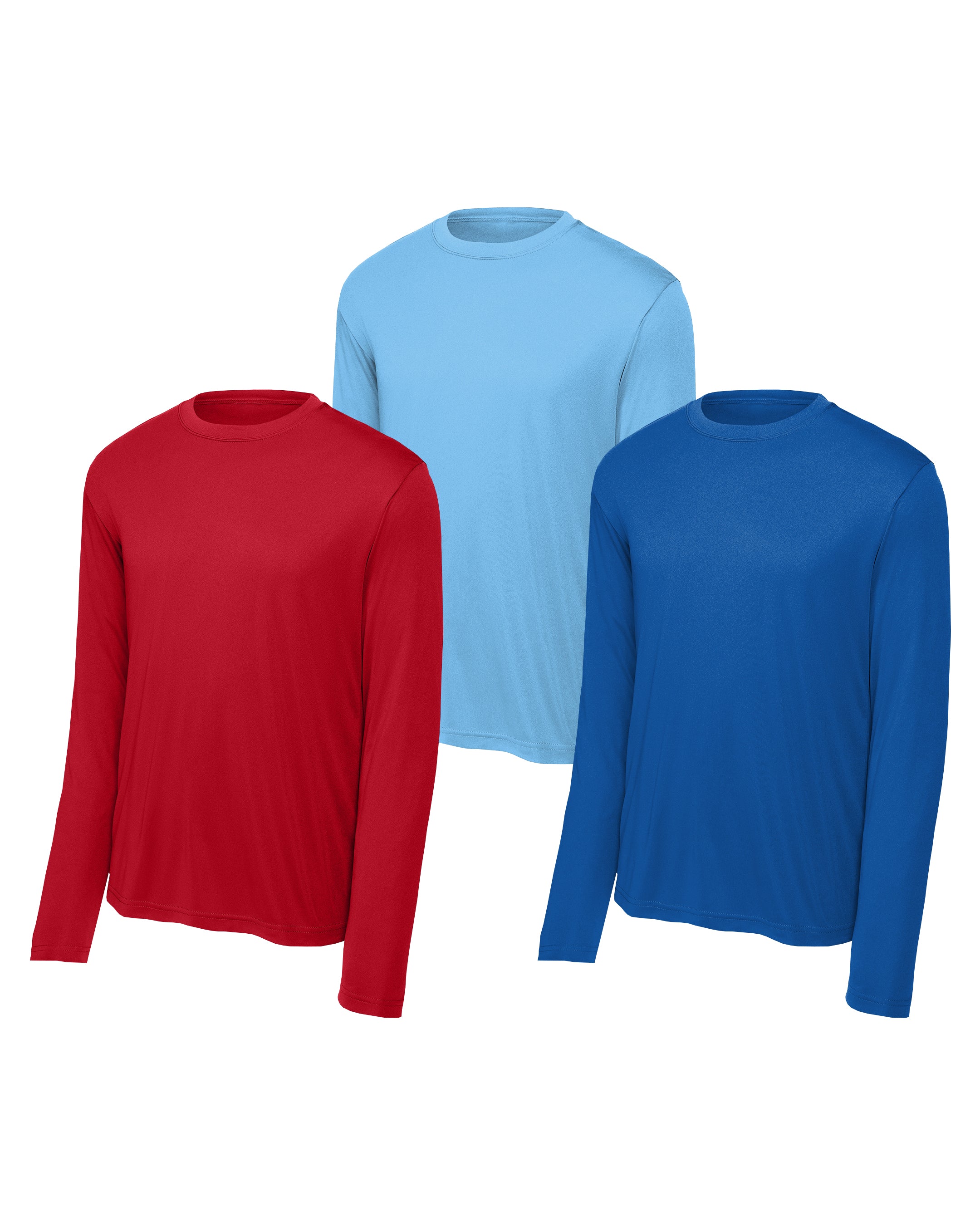 Three long-sleeve shirts in red, blue, and light blue on a white background