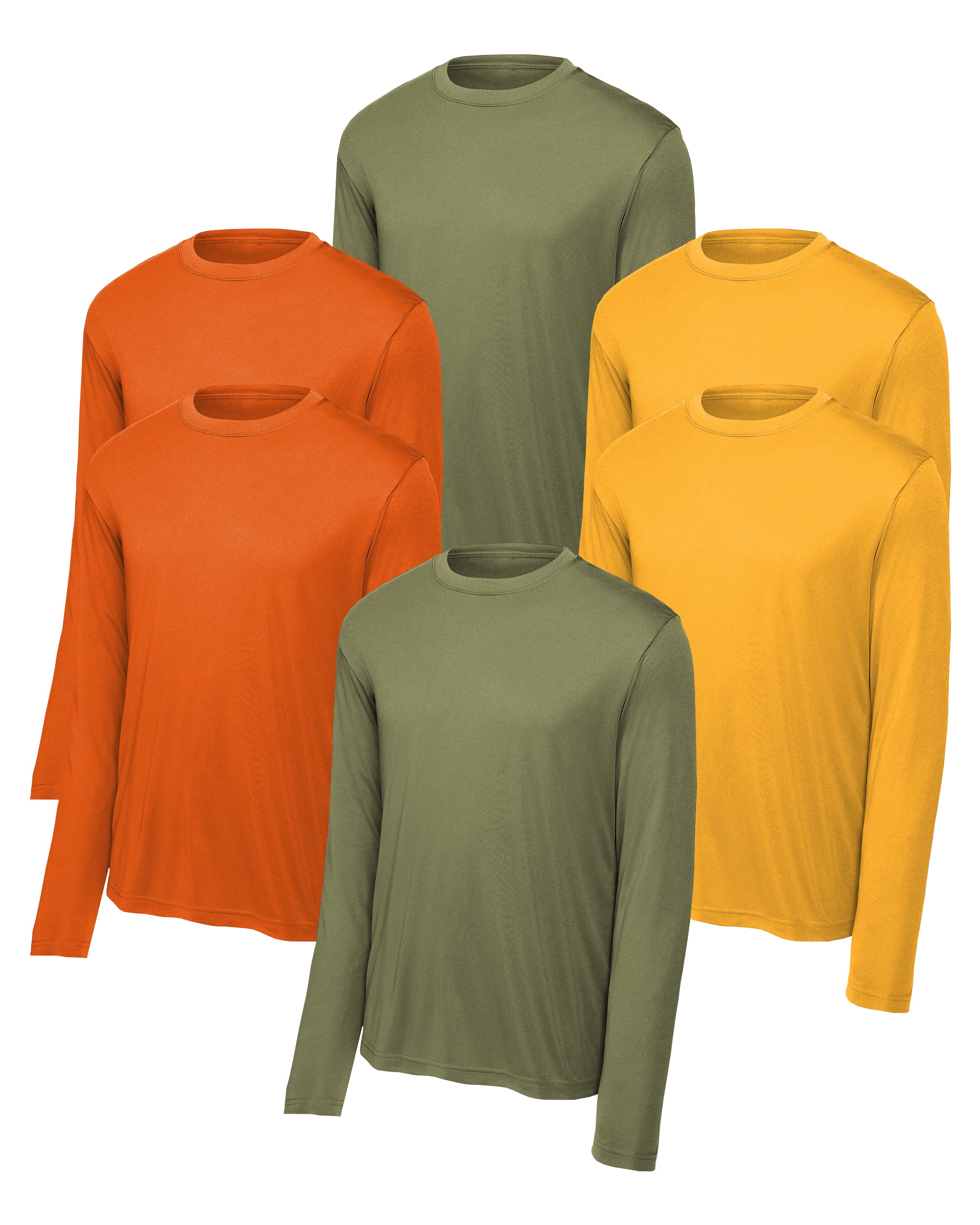 six long-sleeve shirts in orange, olive green, and yellow on a white background