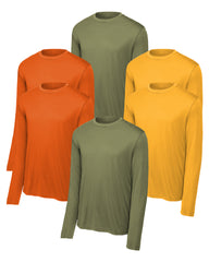 six long-sleeve shirts in orange, olive green, and yellow on a white background