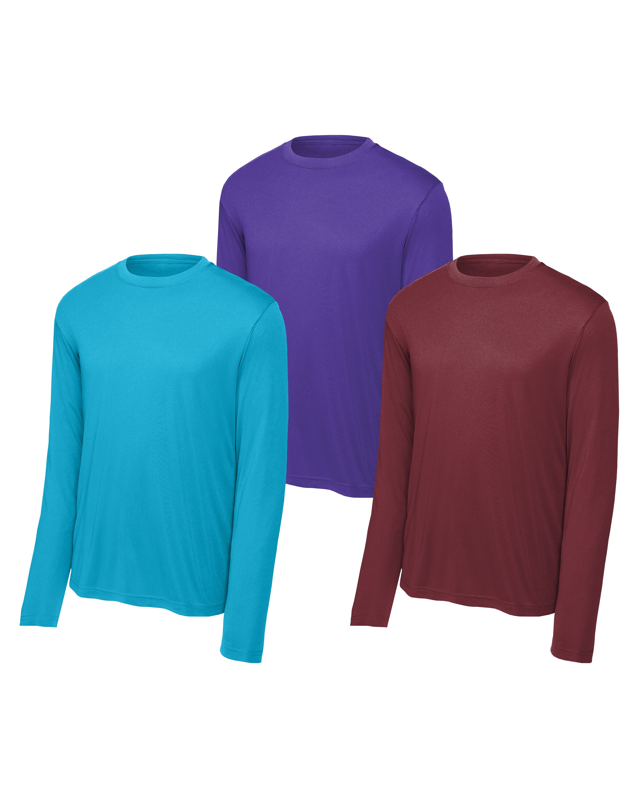 Three long-sleeve shirts in blue, purple, and maroon on a white background