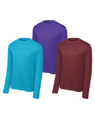 Three long-sleeve shirts in blue, purple, and maroon on a white background