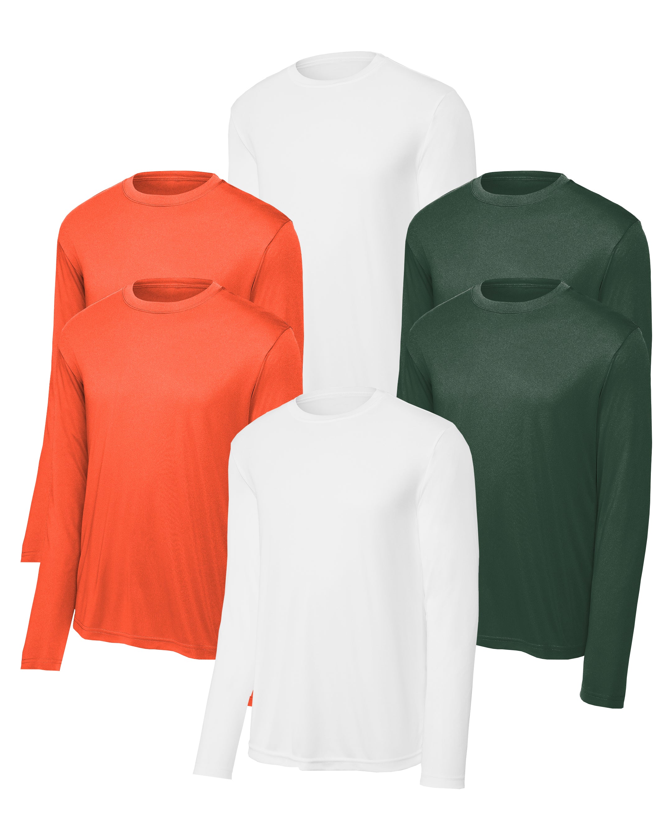 six long-sleeve shirts in orange, white, and green on a white background
