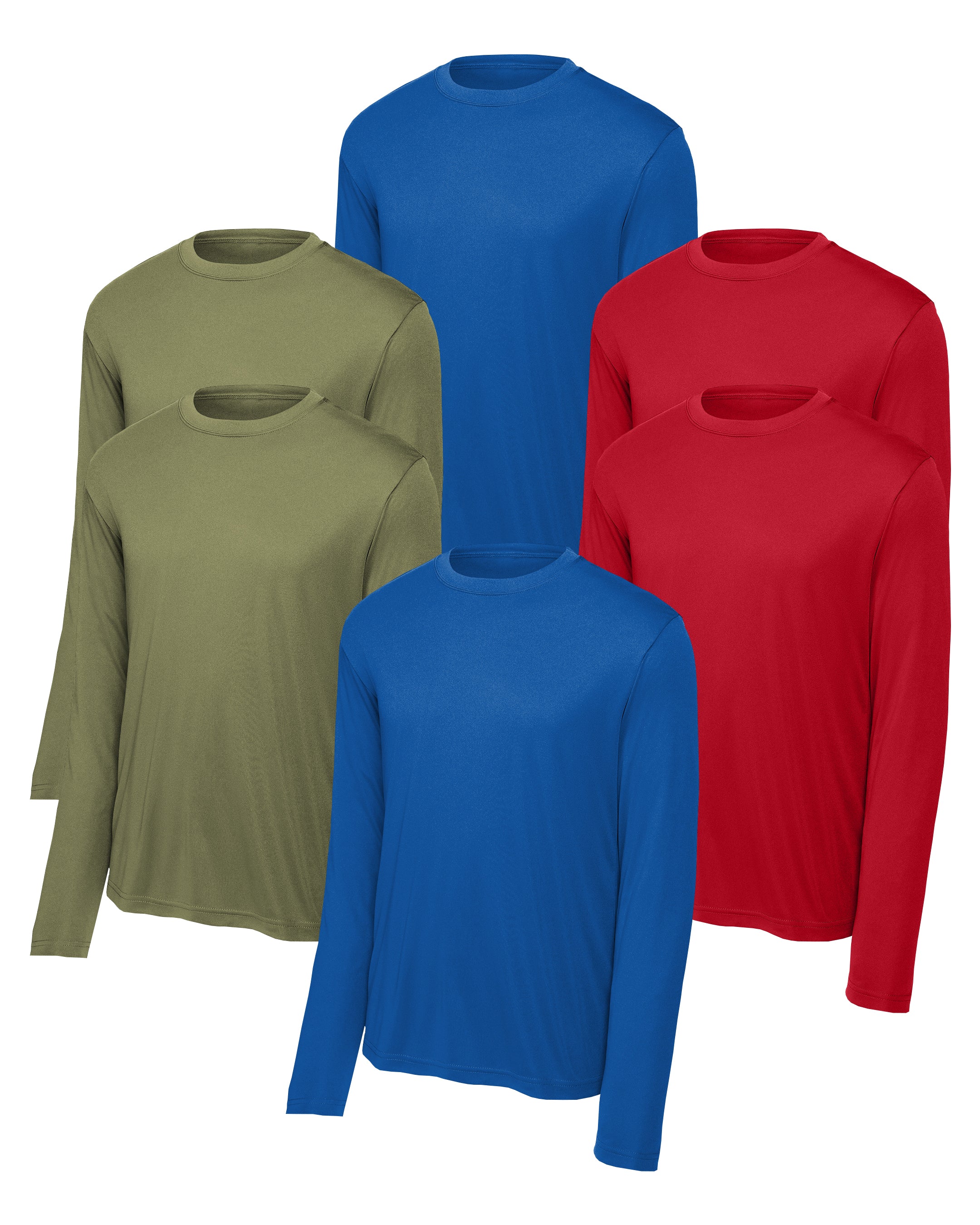 six long-sleeve shirts in olive green, blue, and red on a white background
