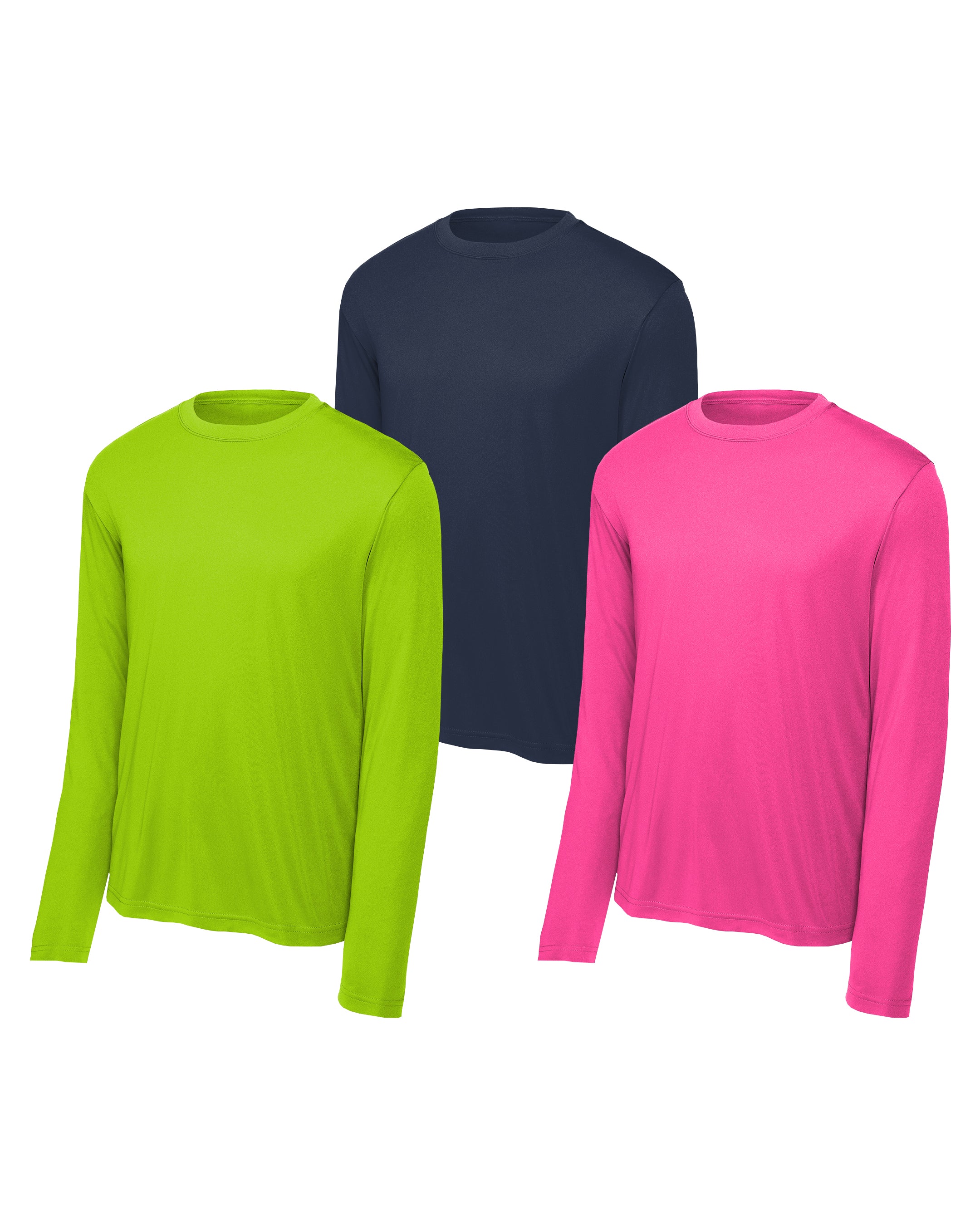 three long-sleeve shirts in green, navy blue , and pink on a white background