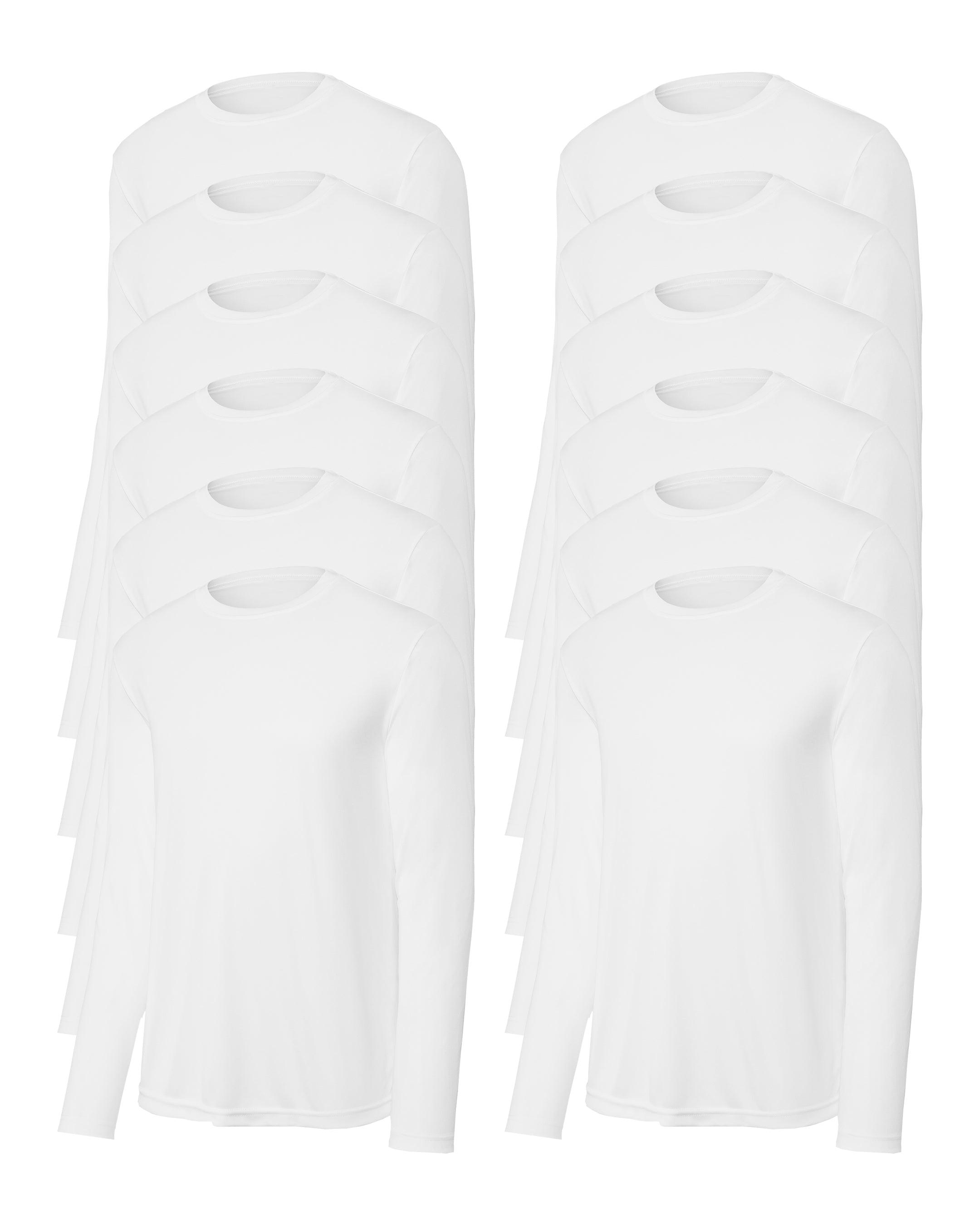 12 white mens long-sleeve shirts on a white background