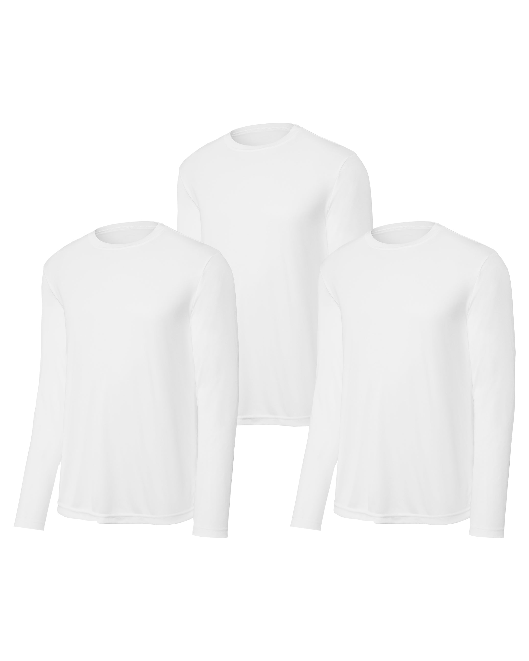 Three white mens long-sleeve shirts on a white background