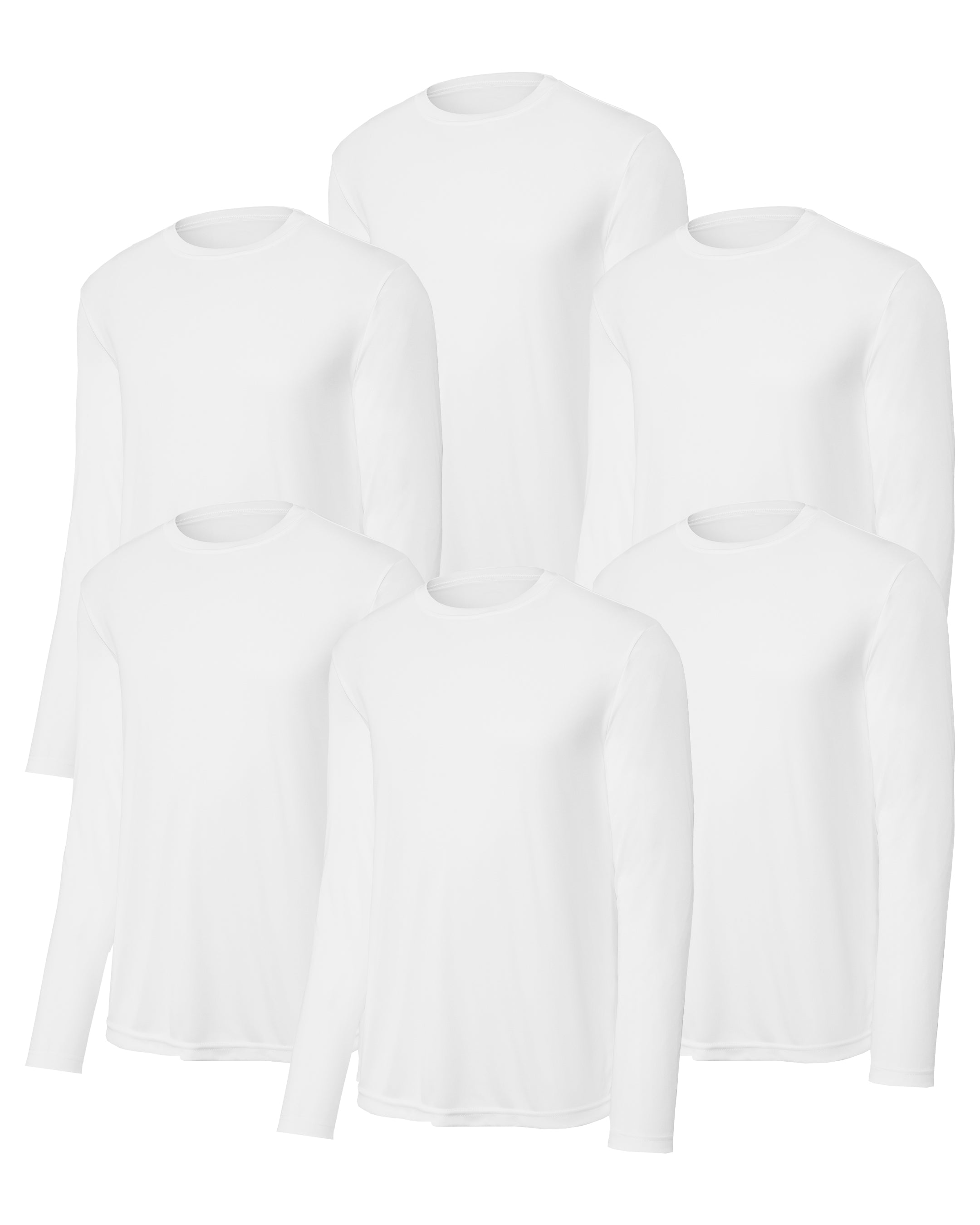 six white mens long-sleeve shirts on a white background