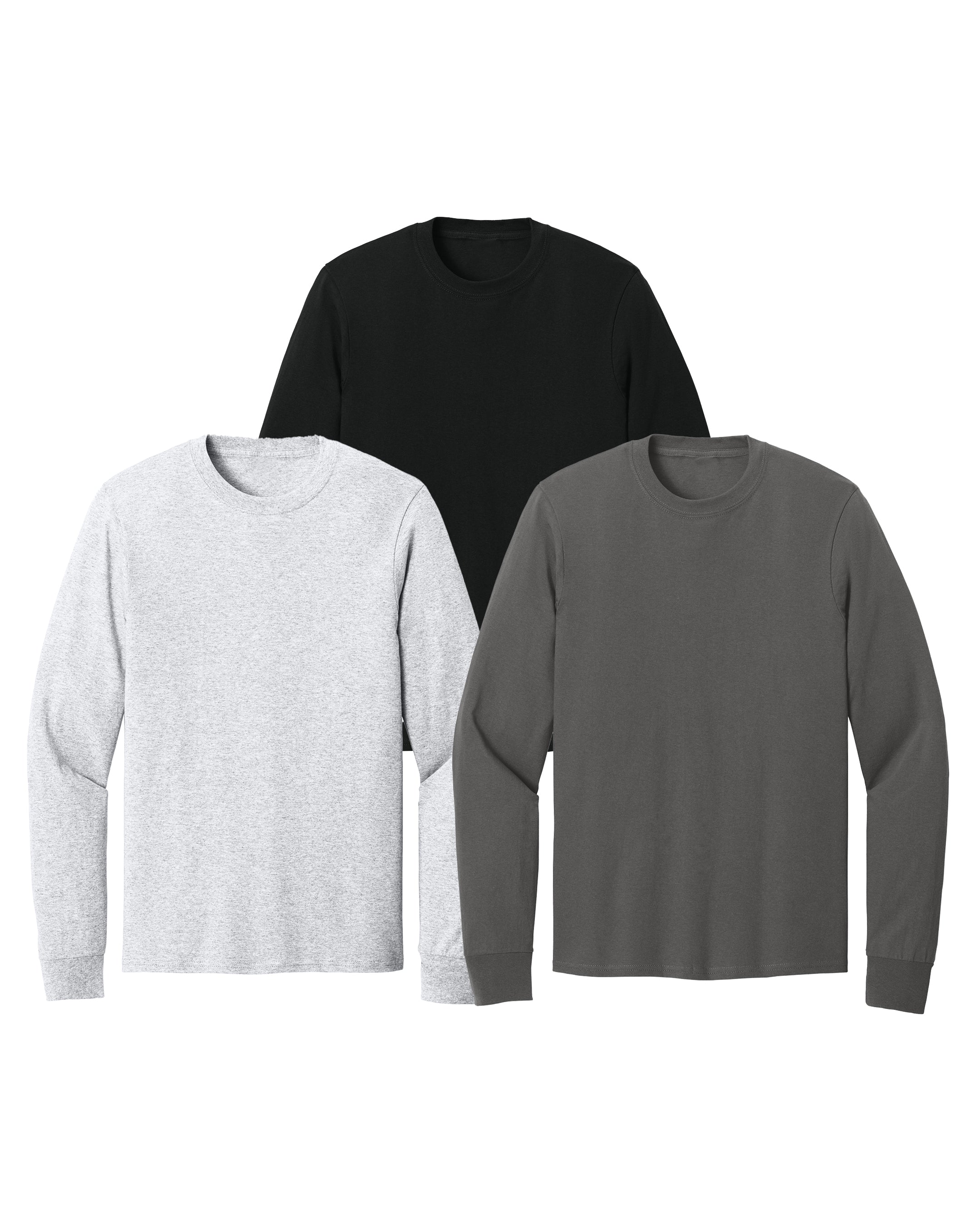 Three long-sleeve shirts in black, charcoal gray, and ash white on a white background