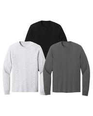 Three long-sleeve shirts in black, charcoal gray, and ash white on a white background