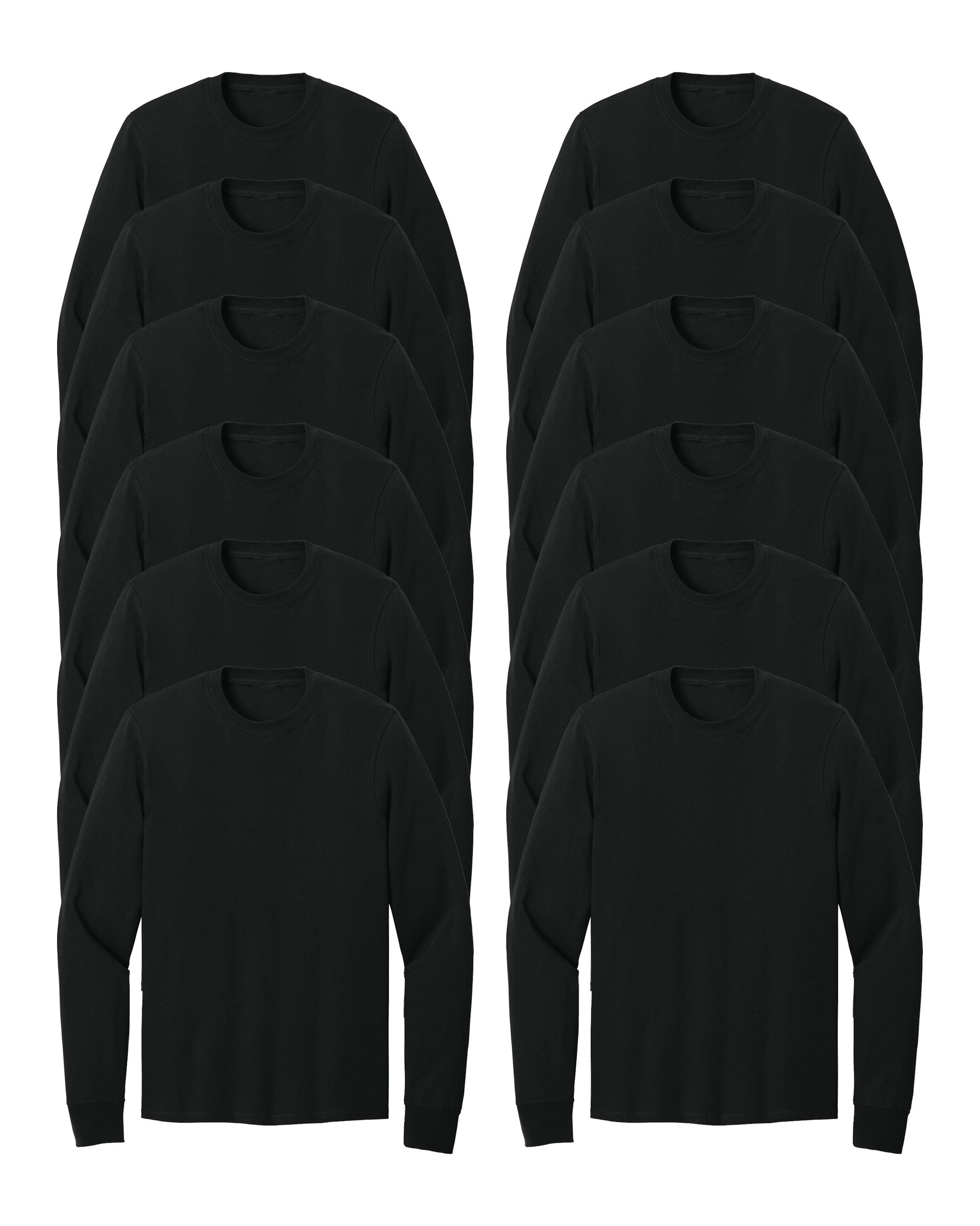 12 black long-sleeve shirts on a white background