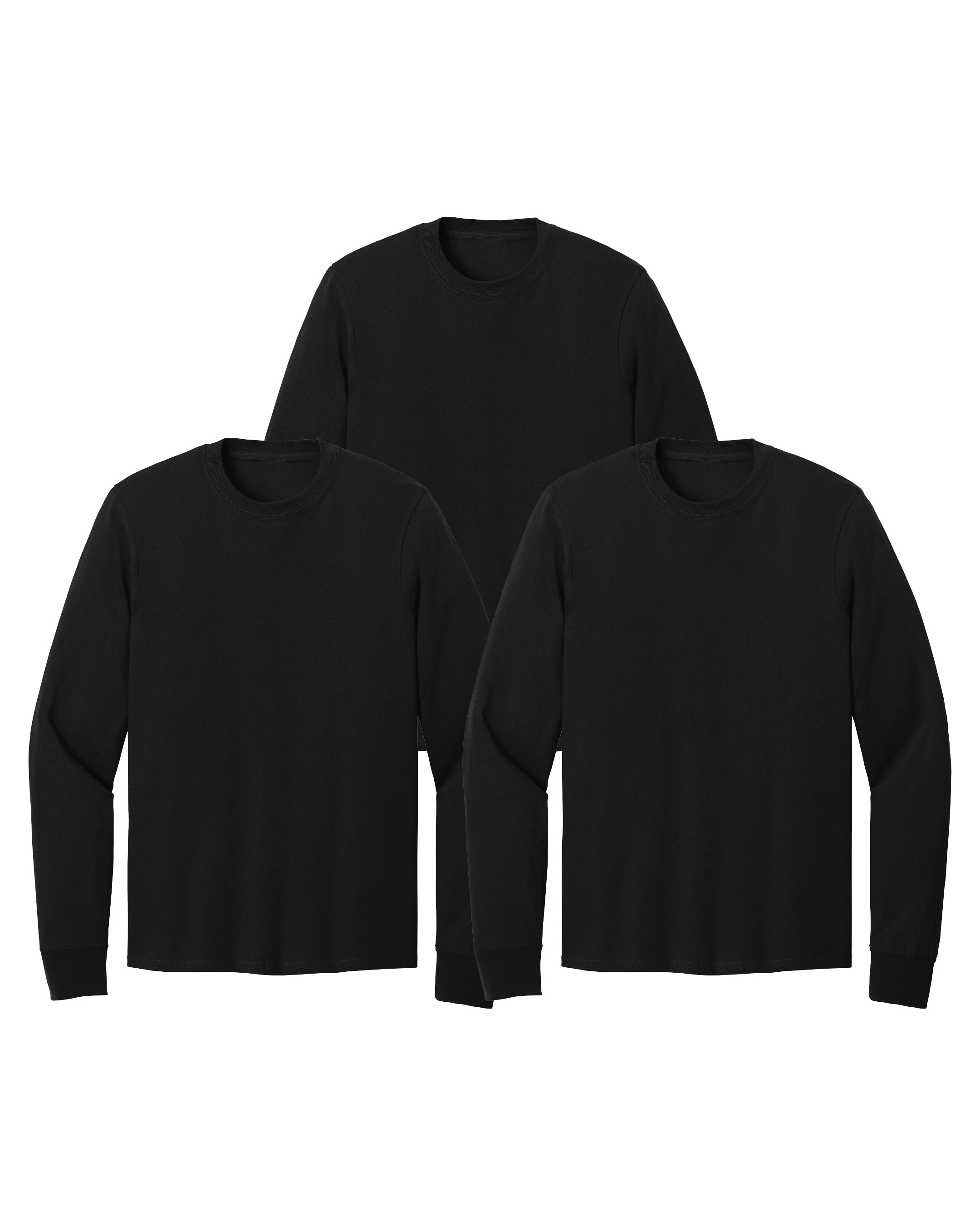 Three black long-sleeve shirts on a white background