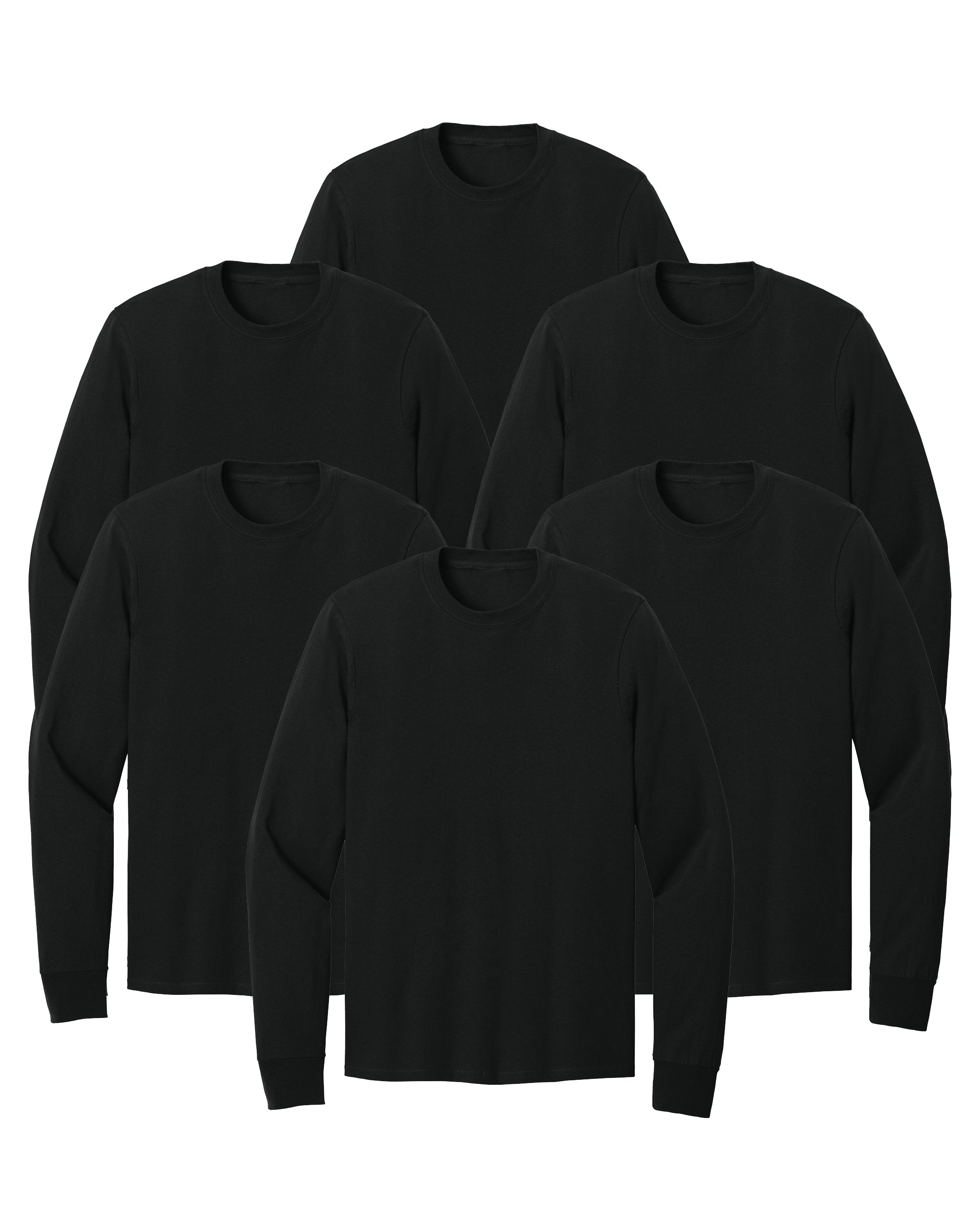 six black long-sleeve shirts on a white background