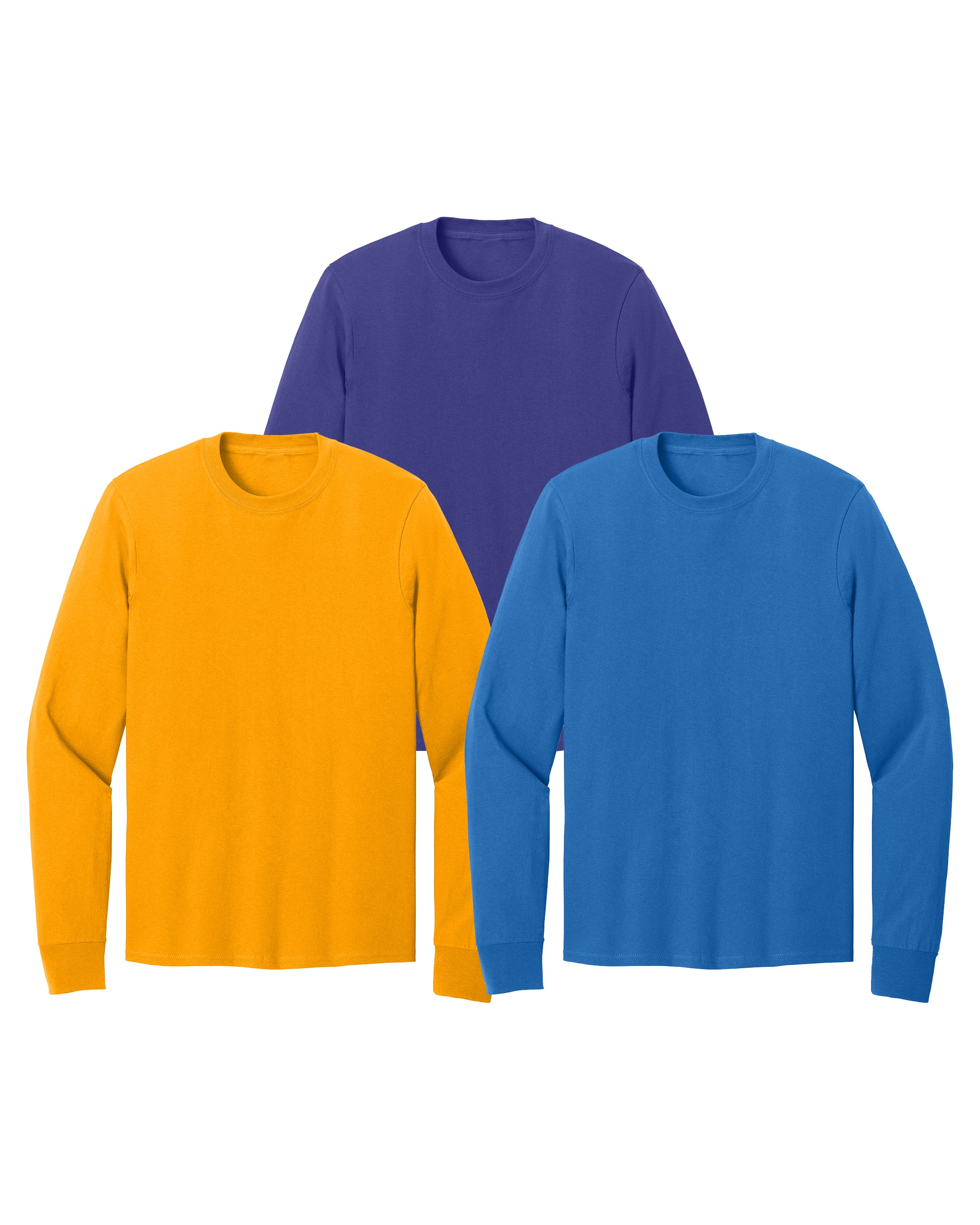 Three long-sleeve shirts in purple, orange, and royal blue on a white background