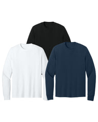 Three long-sleeve shirts in black, white, and navy blue on a white background
