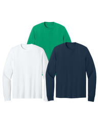 Three long-sleeve shirts in green, white, and navy blue on a white background