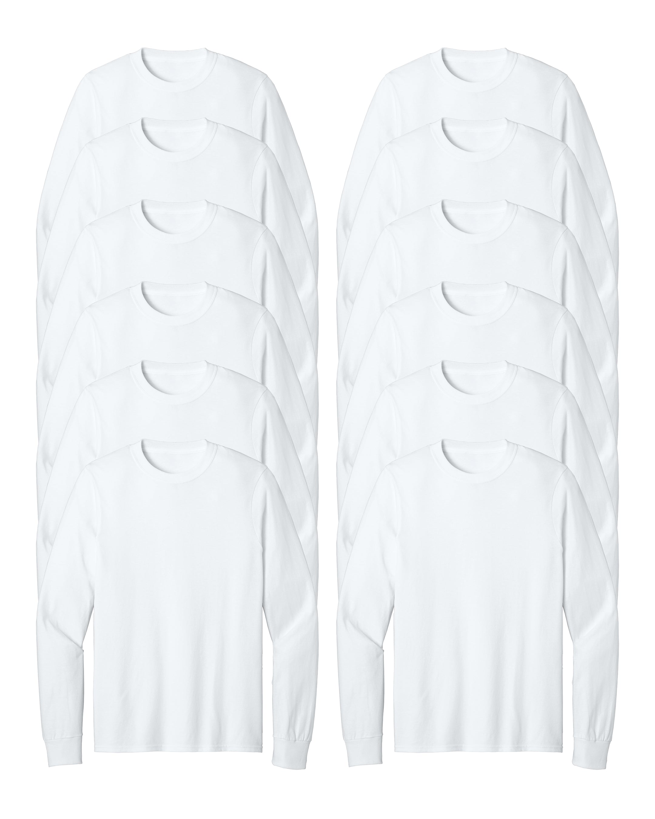 12 white long-sleeve shirts on a white background