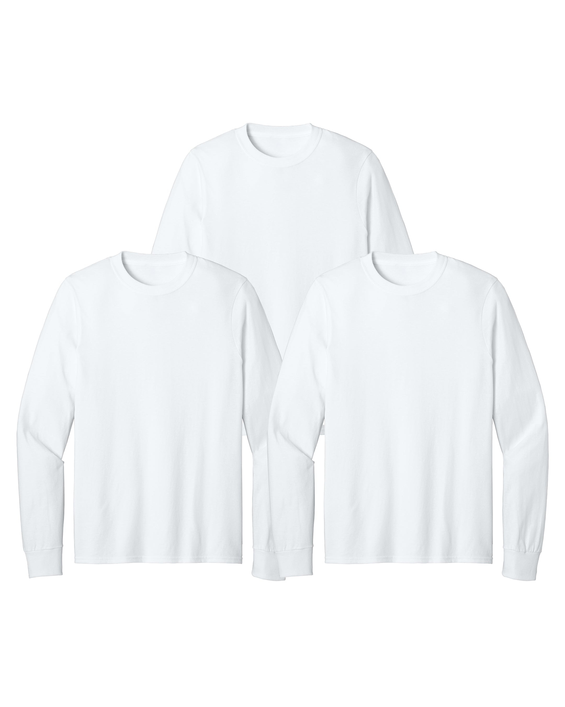 3 white long-sleeve shirts on a white background