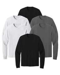 six long-sleeve shirts in black, charcoal gray, and ash white on a white background