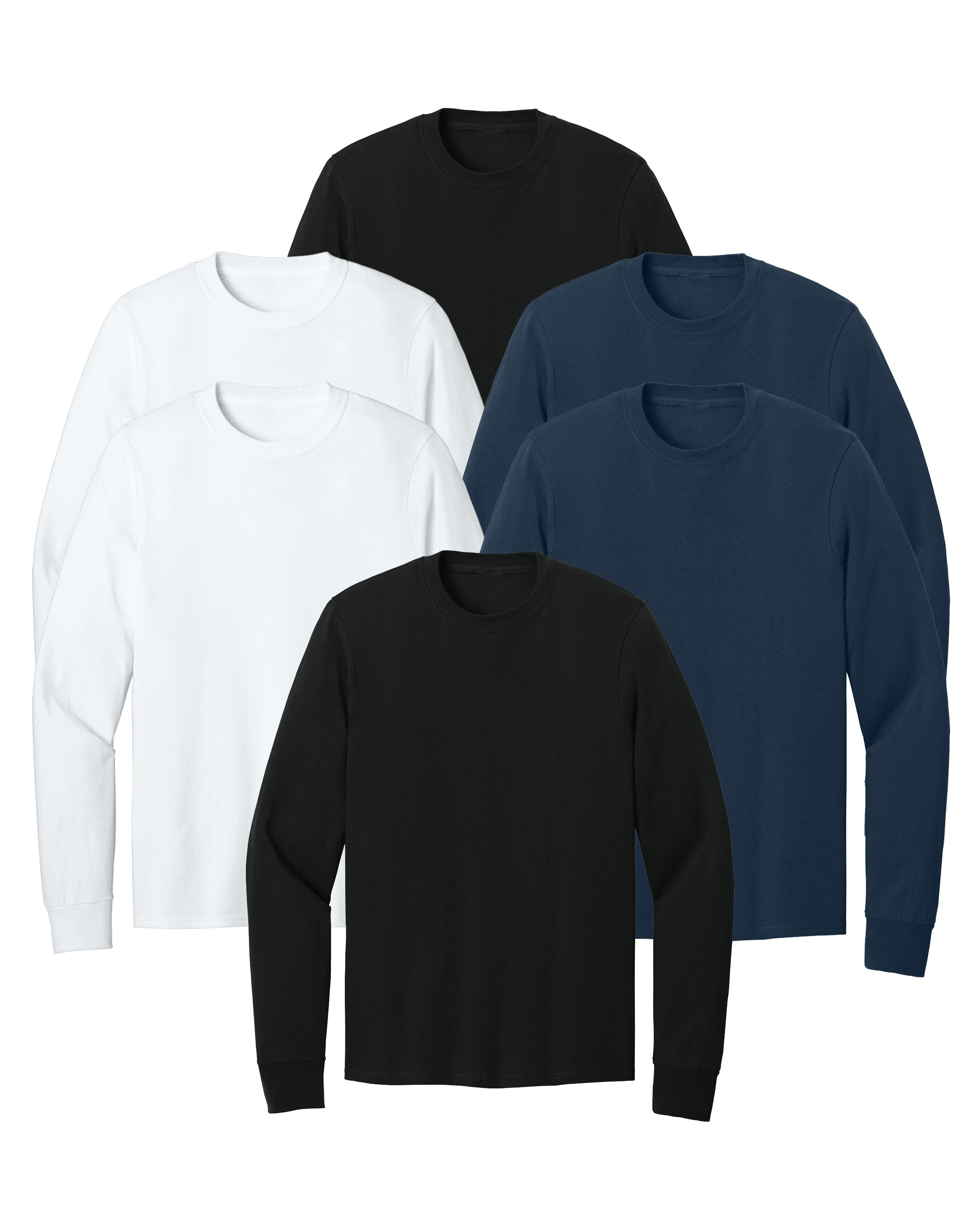 six long-sleeve shirts in black, white, and navy blue on a white background