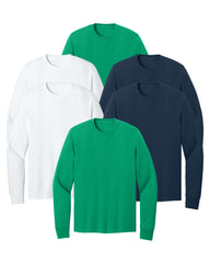 six long-sleeve shirts in green, white, and navy blue on a white background