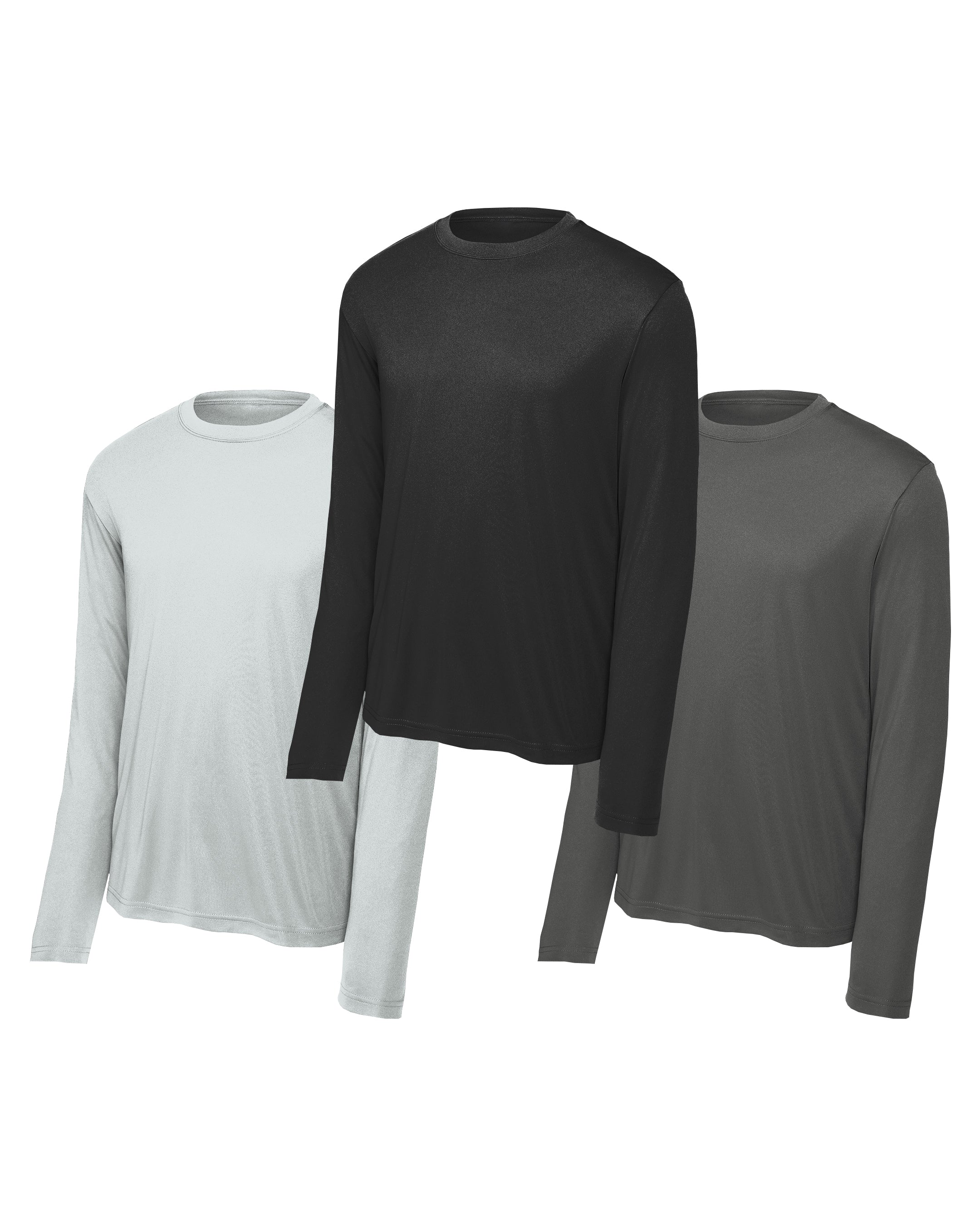 Three long-sleeve shirts in black, gray, and silver white on a white background