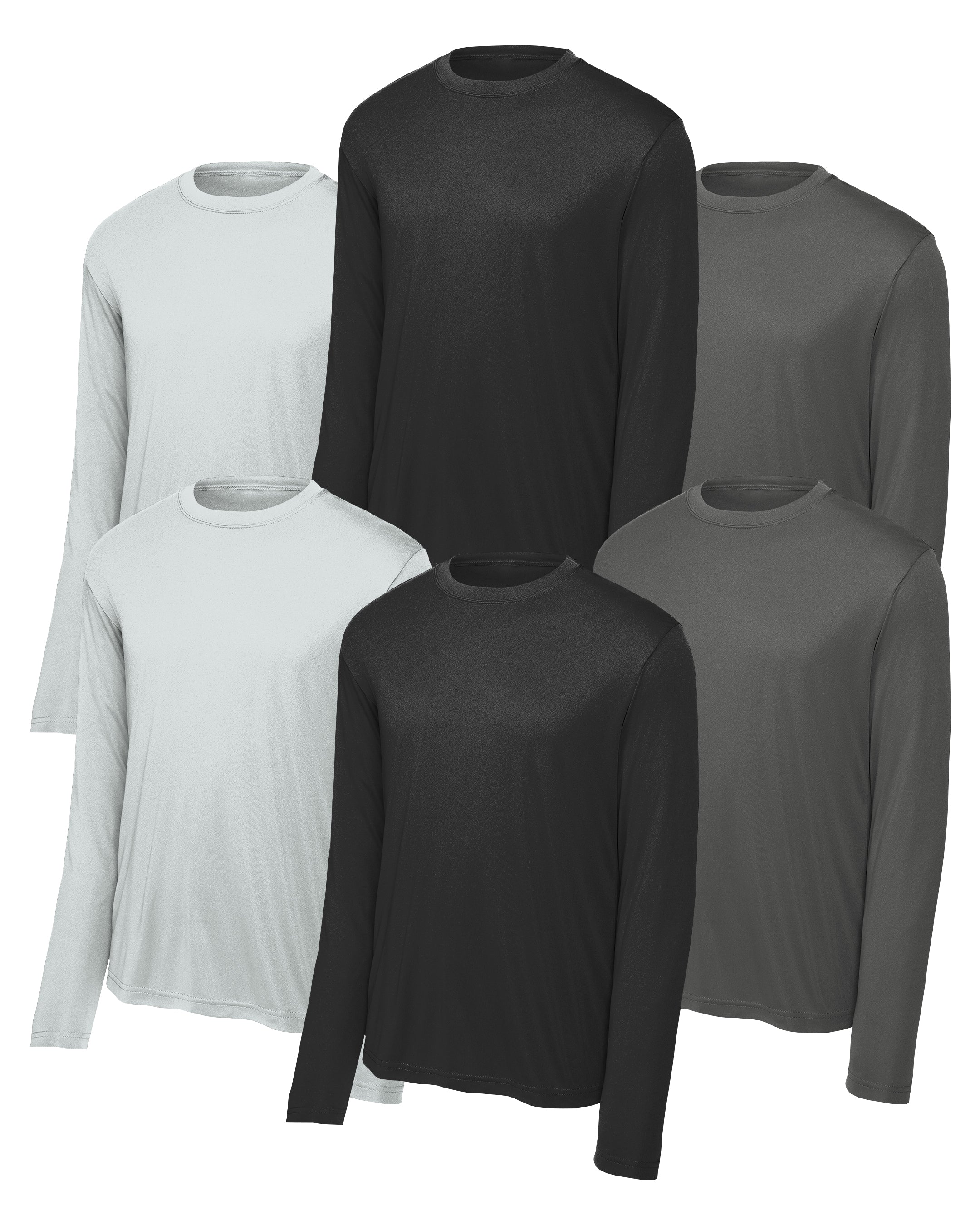 six long-sleeve shirts in black, gray, and silver white on a white background