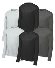 six long-sleeve shirts in black, gray, and silver white on a white background