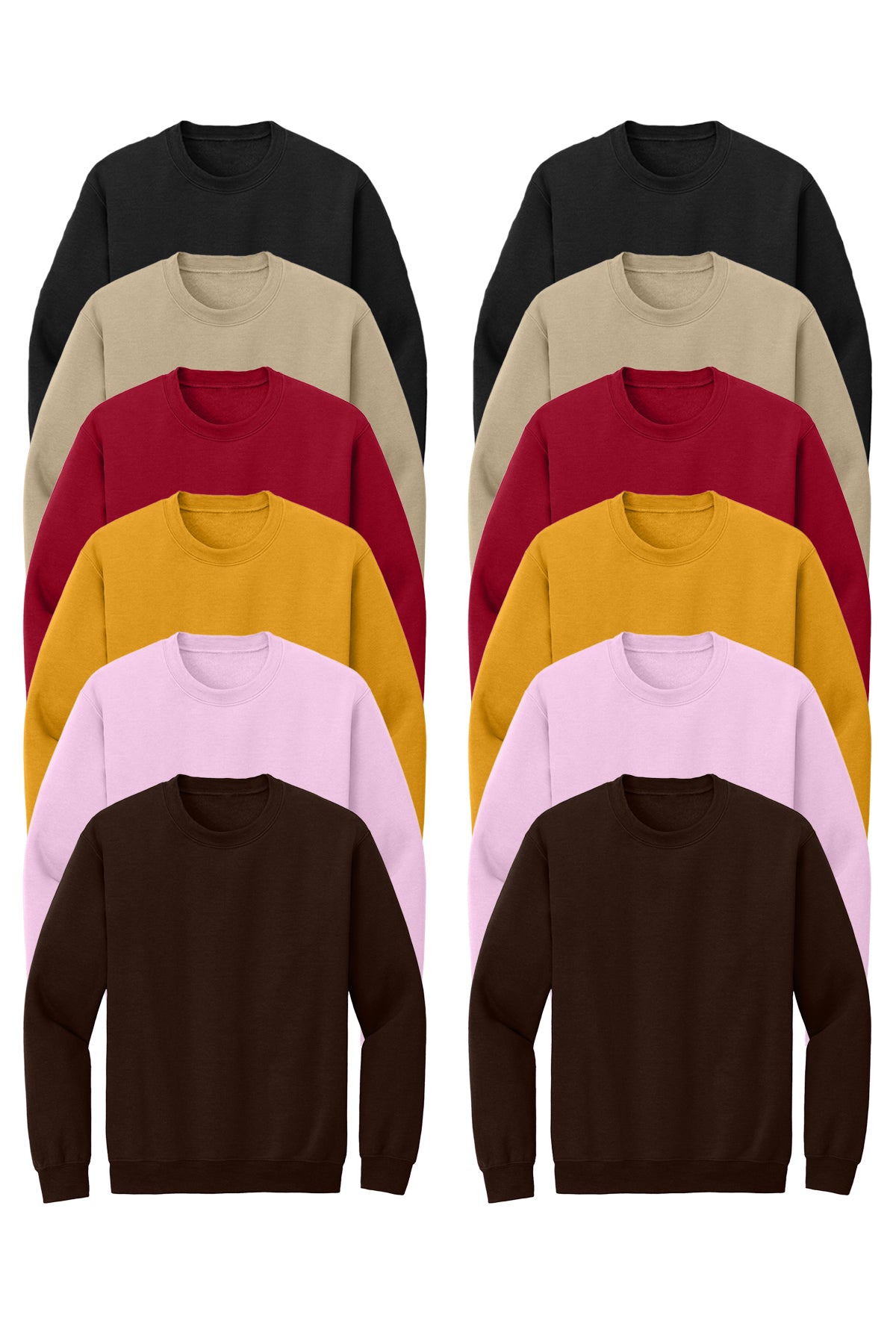 Black, Gold, Light Pink, Sand, Cardinal Red, Dark Chocolate, multicolor heavyweight sweatshirts 12 pack